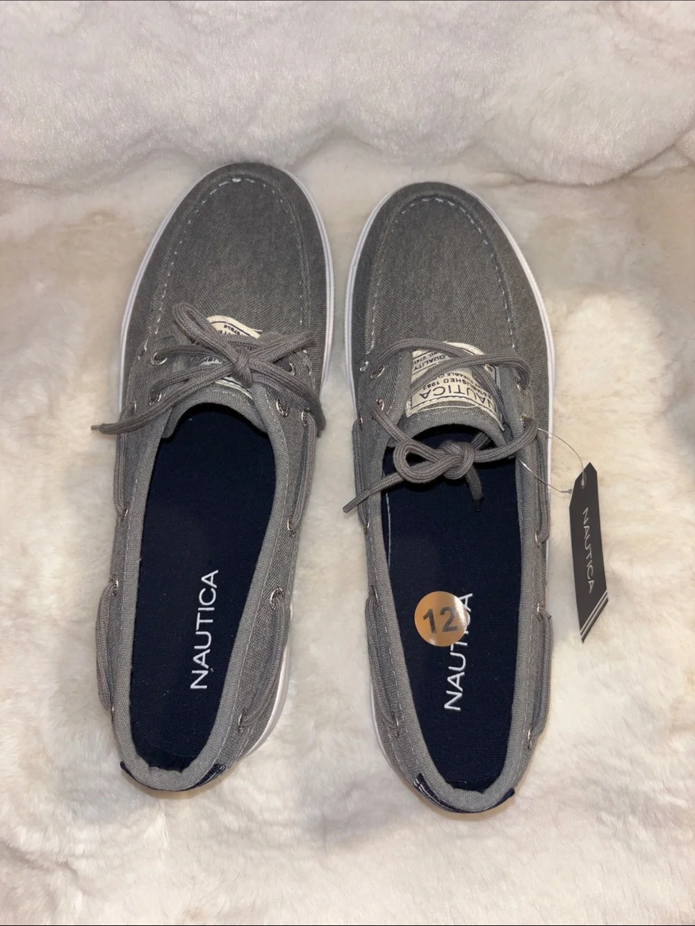 Nautica Men's Gray Canvas Lace-Up Boat Shoes with White Sole